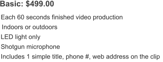 Basic: $499.00  Each 60 seconds finished video production Indoors or outdoors LED light only Shotgun microphone Includes 1 simple title, phone #, web address on the clip